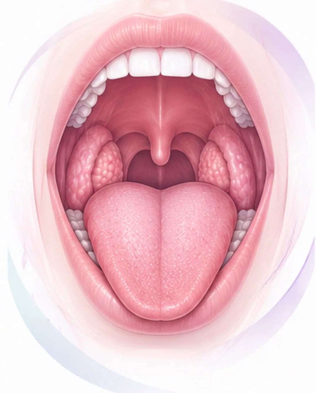 Ilustración de la cavidad oral abierta: lengua, paladar, úvula y amígdalas