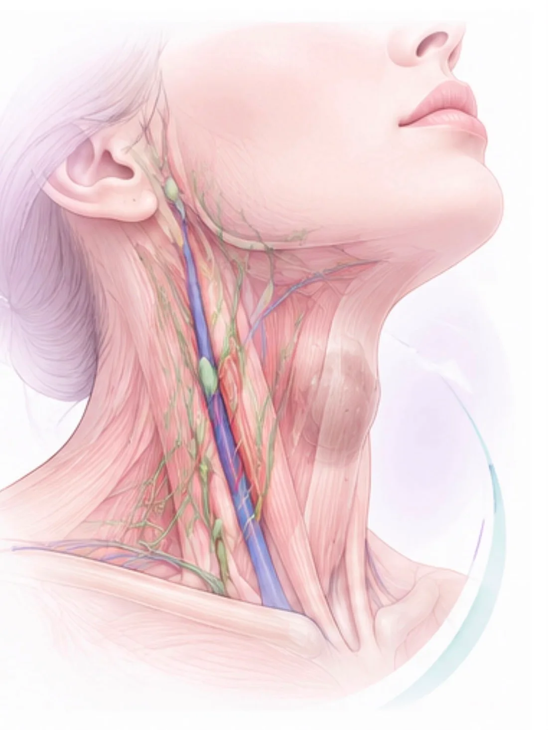 Ilustración del cuello con sus músculos, vasos y cadenas de ganglios, y una masa cervical